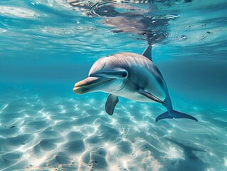 Fototapeta premium Graceful Dolphin Swimming Underwater in Clear Blue Ocean with Copy Space