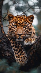 Obraz premium Majestic Leopard Resting on Tree Branch with Intense Gaze and Detailed Spots Wildlife Concept with Copy Space