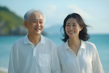 Obraz premium A joyful senior couple walks along the beach, enjoying each other's company and the serene coastal view.