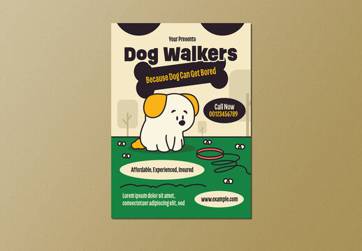 Green Playful Retro Cartoon Dog Walkers Flyer Layout