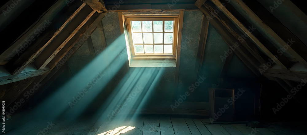 Poster a serene attic scene with soft sunlight streaming through a window, creating a tranquil and inviting