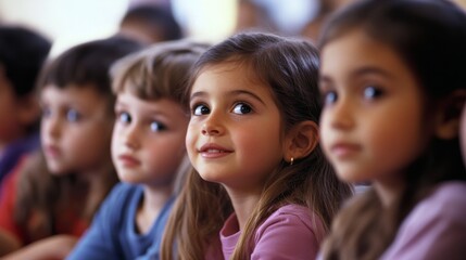 Elementary school students participating in a storytelling session, their faces filled with wonder and imagination, as they listen to a teacher narrate an engaging story, fostering a love of reading