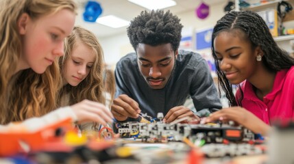 High school students working together on a robotics project in a brightly lit classroom, their faces focused and engaged as they assemble intricate mechanical parts, surrounded by various tools and