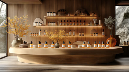 beauty cosmetic and skincare products containers neatly organized on modern white shop display shelves. Retails business, Treatment, Salon, Brand, Counter, Kbeauty, Luxury