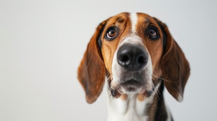 Close-up portrait of a curious beagle with big brown eyes on a white background