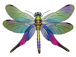 Elegant dragonfly with multicolored wings, transparent background