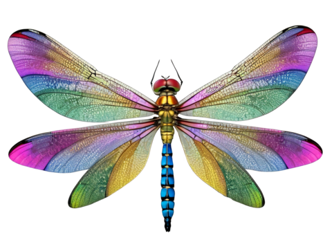 Colorful dragonfly with delicate wings, isolated on transparent background - Powered by Adobe
