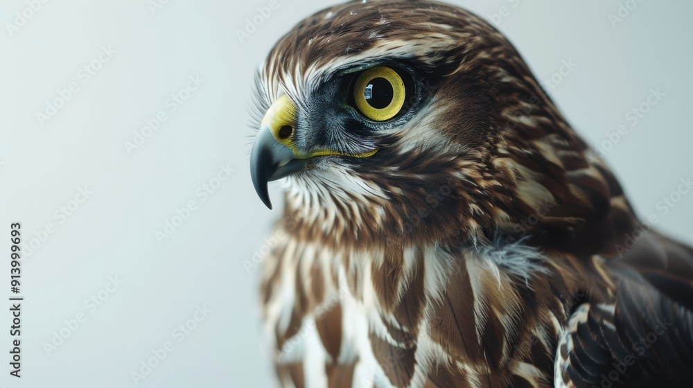 Poster majestic hawk displaying detailed feather patterns and intense yellow eyes in a simple backdrop