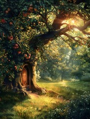 Ethereal Apple Tree Meadow with Towering Natural Arch and Mystical Door in Serene Forested Oasis