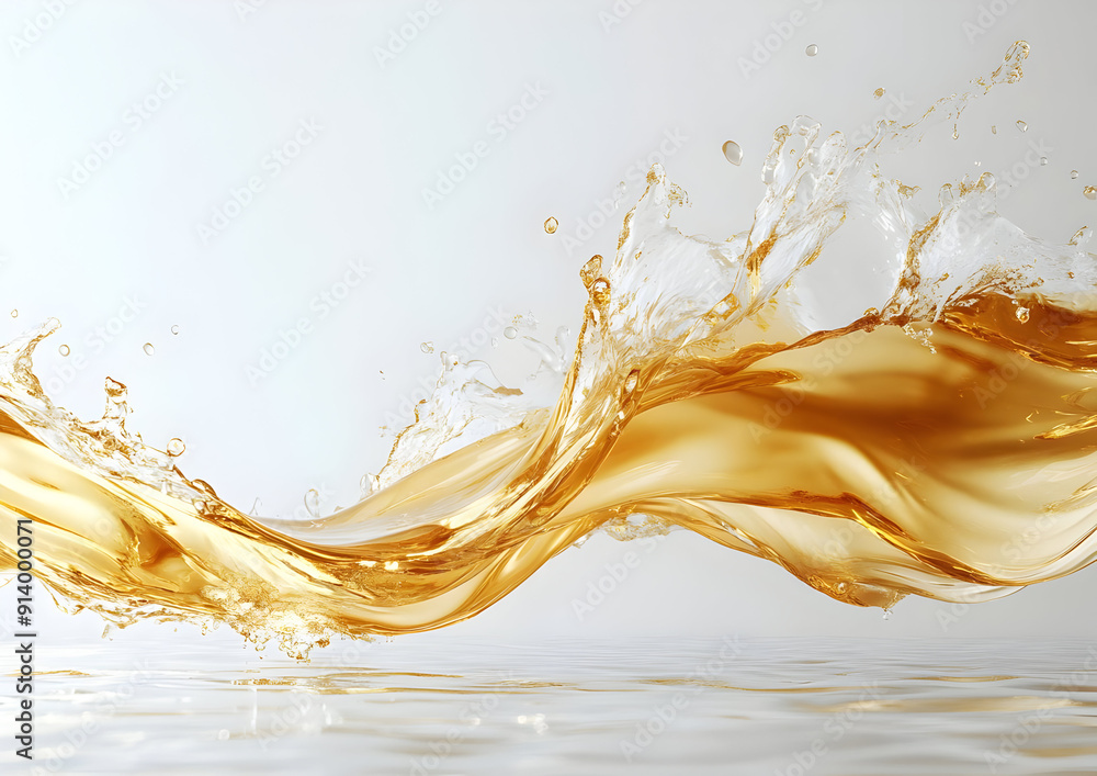 Poster dynamic splash of golden liquid on a bright background, illustrating motion and fluidity in a captiv