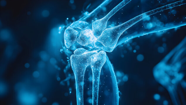Detailed illustration of a human knee joint, showcasing the intricate structure and blue light effects for a modern medical look.