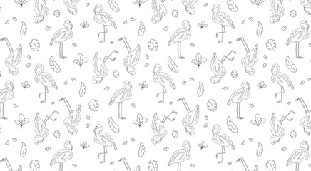 Summer seamless pattern with black and white flamingo with plants leaves on white background for wallpapers, packaging, wrapping, notebooks, fabrics	