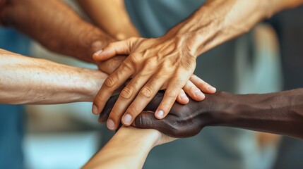 A detailed image of various hands from different ethnic backgrounds stacked together in the center, representing unity and teamwork, captured with a macro lens to show skin textures and details,