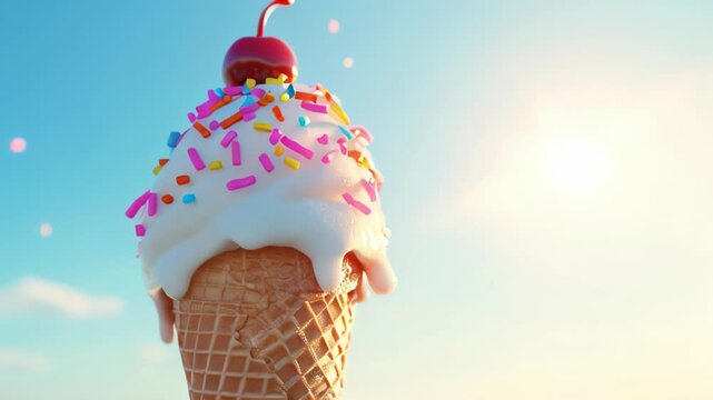 Ice cream cone with colorful sprinkles and a cherry on top against a sunny sky