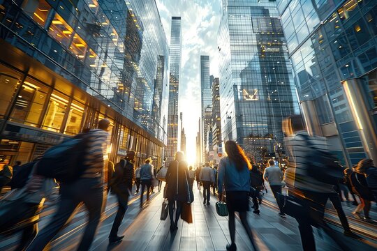 A blurred crowd of business people in the streets of the business district of the city against the backdrop of skyscrapers. Blurred crowd, boundless dreams.