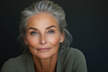 A close-up portrait of an elegant older woman with a serene expression, showcasing fine details of her mature beauty and wisdom in a simple, yet captivating and graceful setting.