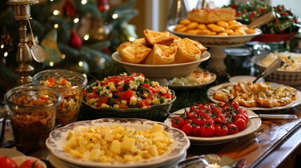 Obraz premium A colorful and inviting spread of delicious food arranged beautifully on a festive table, perfect for celebrations and gatherings.