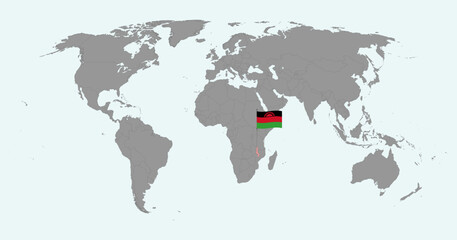 Pin map with Malawi flag on world map. Vector illustration.