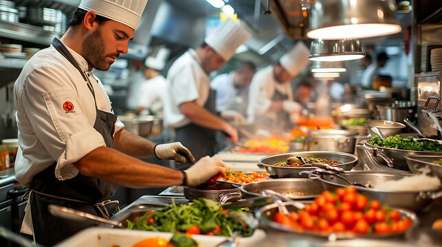 A dynamic photo of chefs and kitchen staff preparing a gourmet meal, with colorful ingredients and cooking utensils, shot from a wide-angle perspective,