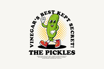 Pickle or Cucumber Vector Icon Illustration. Pickle or Cucumber Retro Logo Mascot Cartoon Character with Standing Pose and Ok Hand  Suitable for Web Landing Page, Banner, Sticker, Card