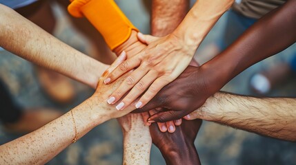 A high-resolution close-up of hands of different colors and sizes joined together in the center, representing unity and teamwork, taken from an aerial view,
