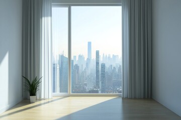 Fototapeta premium A window in a modern minimalist apartment, framing a city skyline with skyscrapers. 