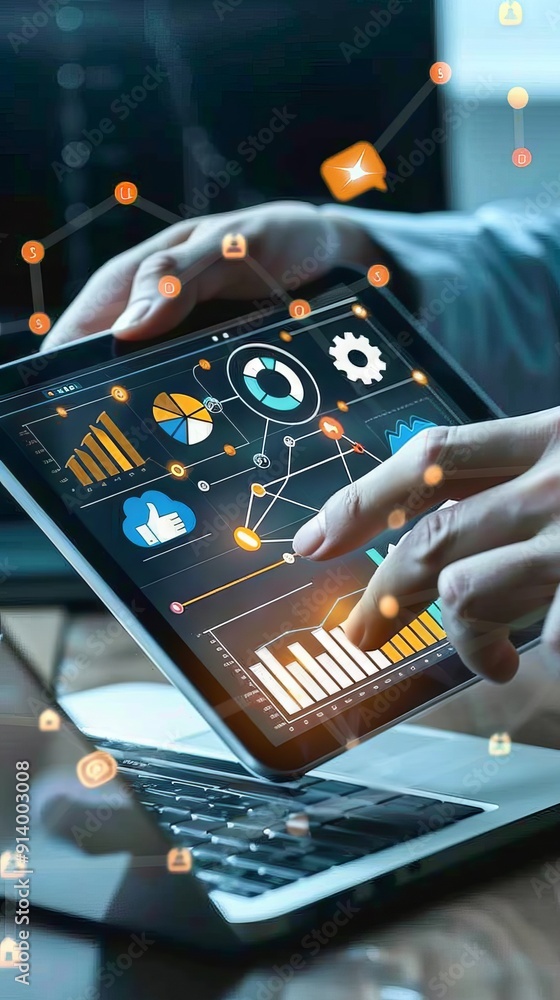 Aufkleber businessman analyzing digital data on a tablet with network connection icons. concept of business in