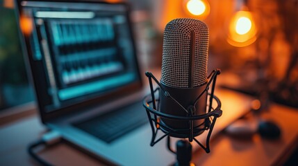 A microphone with laptop in background, ready for podcasting