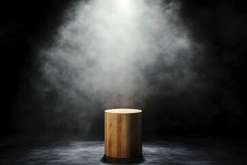 The empty wooden cylinder shape of product display Podium, Stand for showing or design blank backdrop dark abstract wall with smoke float up. with generative ai