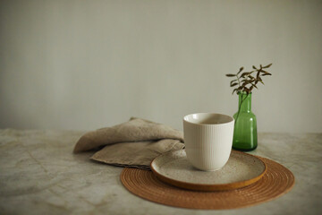 Empty plate, cutlery and a napkin on a light background. Table setting on table.