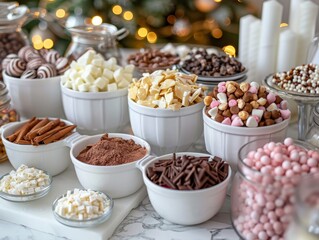An array of colorful toppings and treats arranged in bowls, perfect for festive desserts or indulgent snacks.