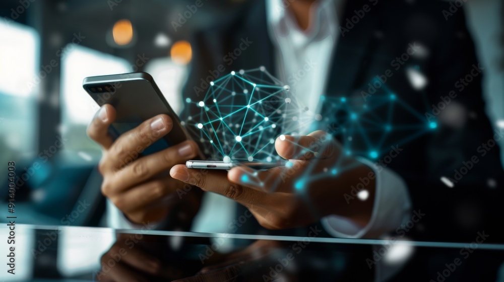 Aufkleber businessman using smartphone for mobile online payment, online banking. global network and data exch