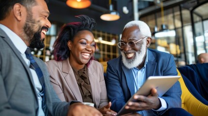 Diverse business team collaborating on a project, smiling and using a tablet together. Concept of teamwork, technology, mentorship, and diversity in the workplace.