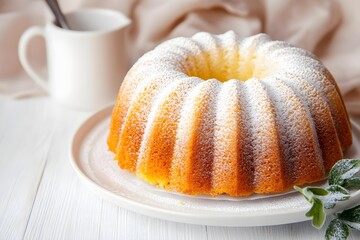 Homemade vanilla bundt cake on white wooden background.