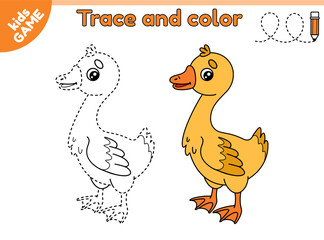 Kids educational game Tracing lines with cartoon gosling. Small goose. Farm bird. Trace and color it. Handwriting practice worksheet for preschool and kindergarten children. Baby vector illustration.