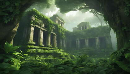Ancient Ruins Overgrown with Vines in Misty Jungle - Photorealistic Historical Scene