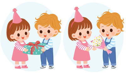 Happy birthday clipart. Birthday party vector. Cute little kid on birthday party with cake, flowers, gift box.  Giving present vector. Flat vector in cartoon style isolated on white background.