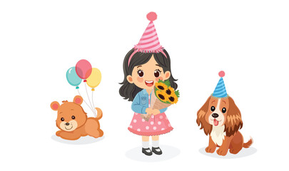 Happy birthday clipart. Girl on birthday with party hat, flowers, cute lovely dogs. Cute little kid on birthday party. Flat vector in cartoon style isolated on white background