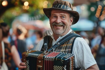 Fototapeta premium A jovial Bavarian gentleman in lederhosen plays the accordion amidst Oktoberfests lively atmosphere the scene awash with festive colors