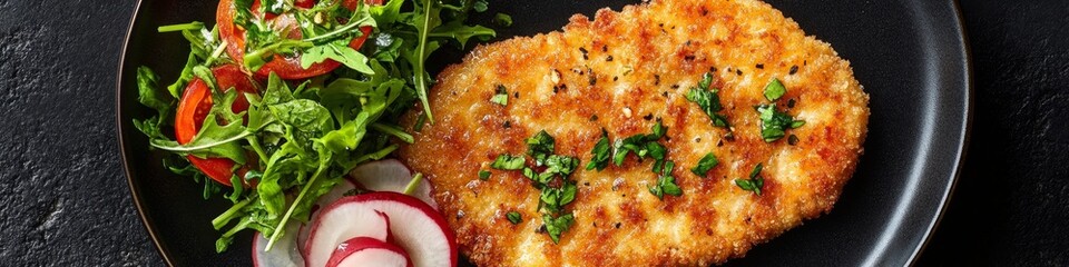 Savory German Delicacy: 4K Wallpaper Showcasing Traditional Schnitzel. Mouthwatering AI-Generated Scene Perfect for Restaurant Menus, Food Marketing, and Culinary Tourism. Ideal for Dinner Promotions,