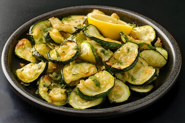 Fried zucchini with lemon on plate on black background.