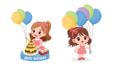 Happy birthday vector set. Girl on birthday with birthday cake, balloons and flowers. Cute little kid on birthday party. Flat vector in cartoon style isolated on white background