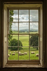 Fototapeta premium A window in a serene countryside manor, with rolling hills and grazing sheep outside. 