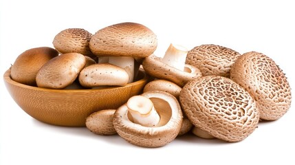 Variety of Fresh Mushrooms Displayed in a Wooden Bowl on White Background