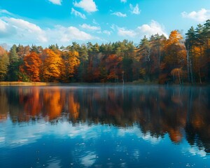 Obraz premium Vibrant Autumn Lake Reflection Landscape with Colorful Foliage