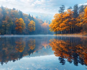 Naklejka premium Tranquil Autumn Lake with Vibrant Reflected Trees and Calm Waters
