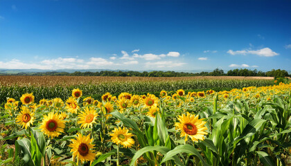 an image of a picturesque landscape combining corn and sunflower fields, with bright yellow blooms and green stalks stretching under a vast blue sky.