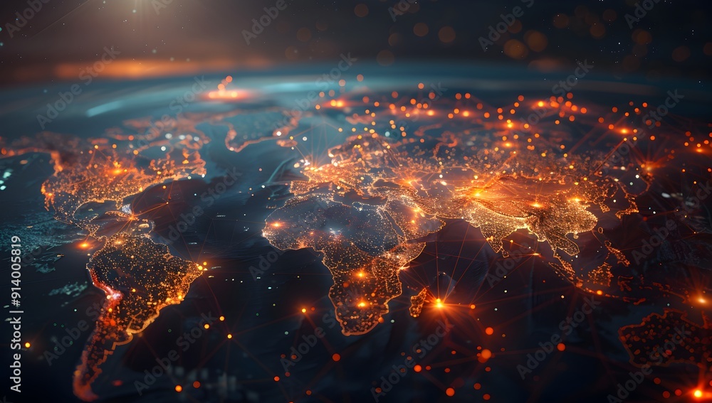 Poster a world map with glowing connections between different countries, representing global network and co