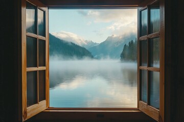 A window in a serene lakeside cabin, capturing a misty morning view with calm waters and distant mountains.