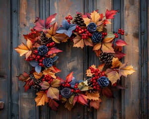 Vibrant Autumn Wreath Adorning Rustic Wooden Door Welcoming and Festive Fall Decor